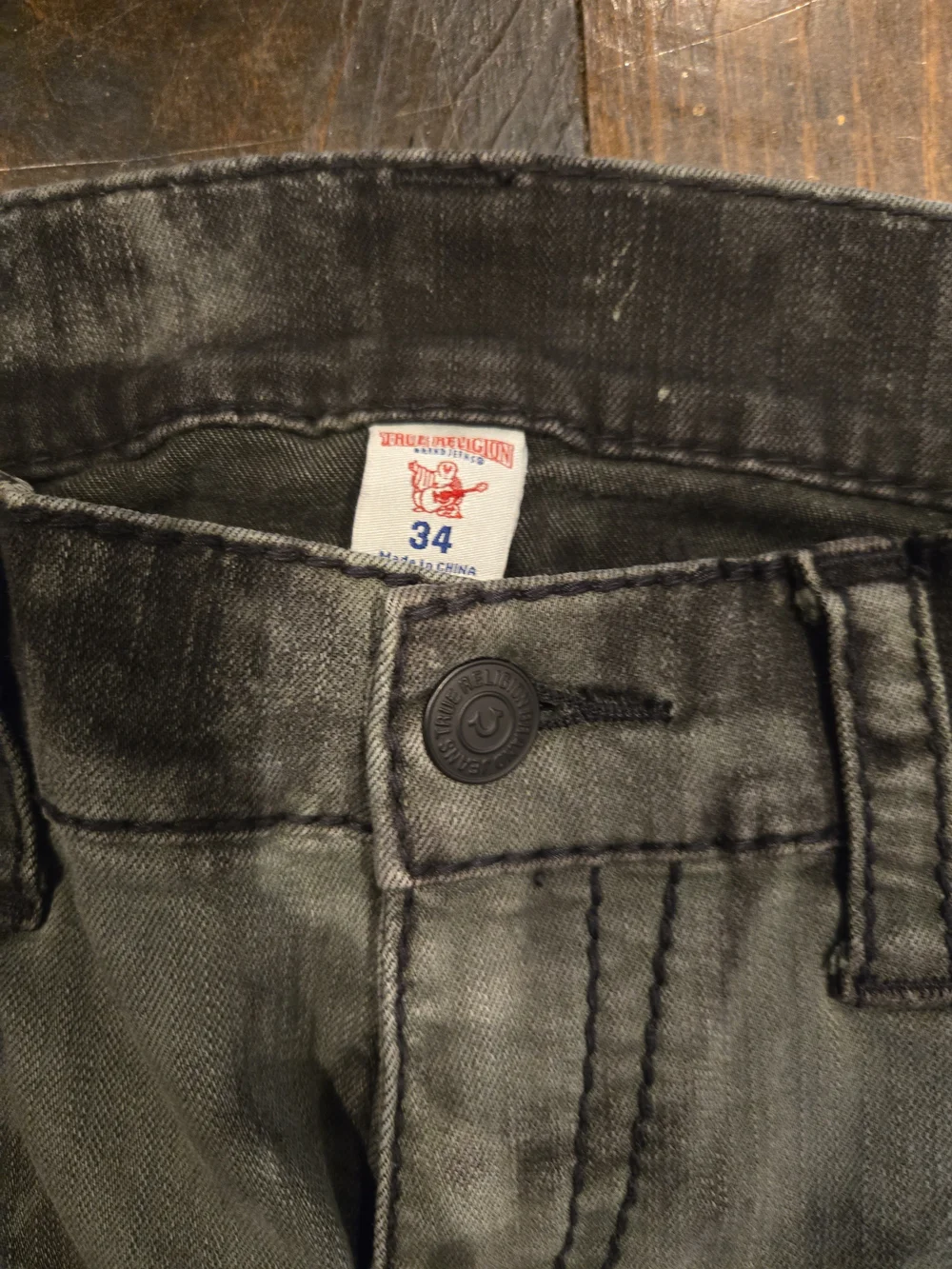 True Religion Ricky Straight Big T Jeans 34 Green Black Acid Wash Flap Pocket